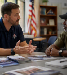 Two veterans review suicide prevention resources together in community room
