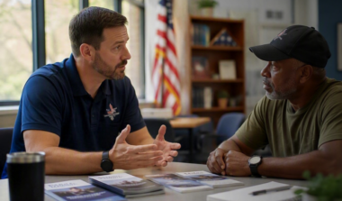 Two veterans review suicide prevention resources together in community room